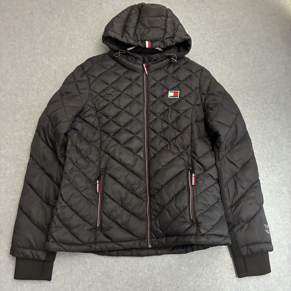 Tommy Hilfiger Mens Large Black Quilted Puffer Jacket Hooded Full Zip